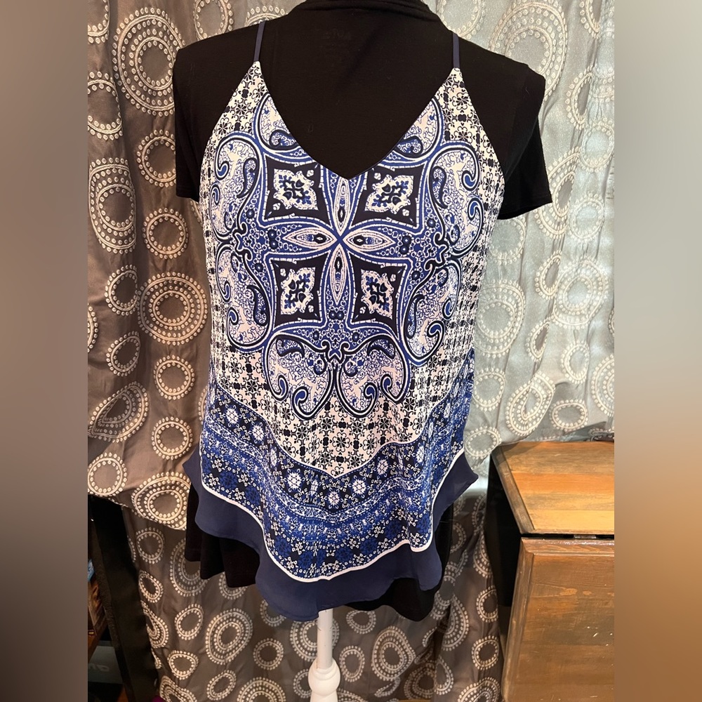 Fortune + Ivy Blue White Boho V-Hem Bandana-Print Sleeveless Tank Top Size S